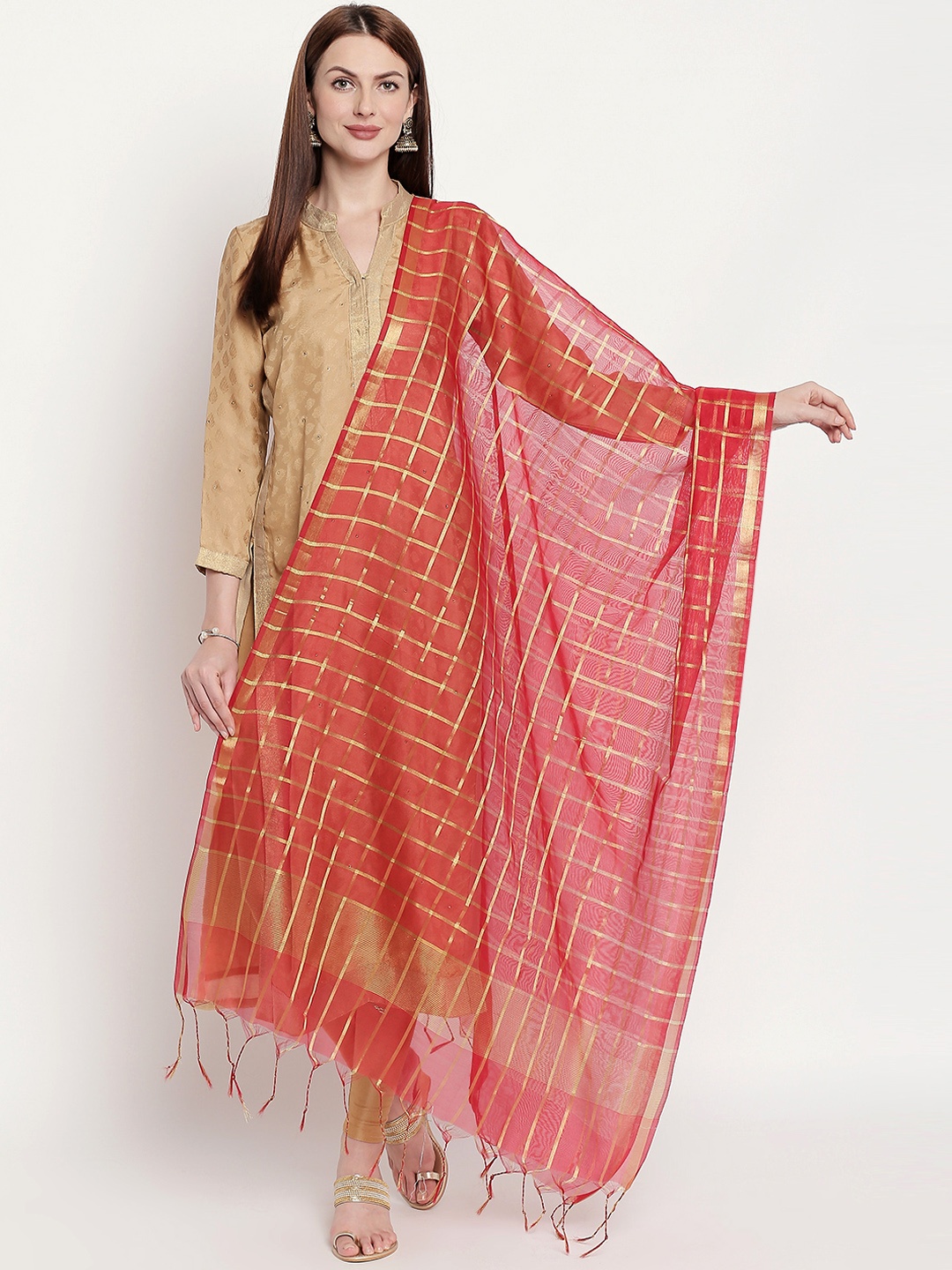 

Dupatta Bazaar Women Red & Gold-Toned Checked Dupatta