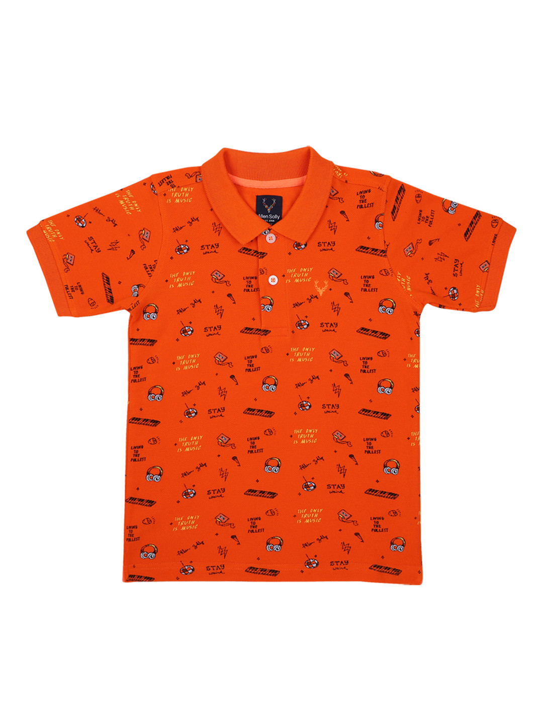 

Allen Solly Junior Boys Orange Printed Polo Collar Pure Cotton T-shirt