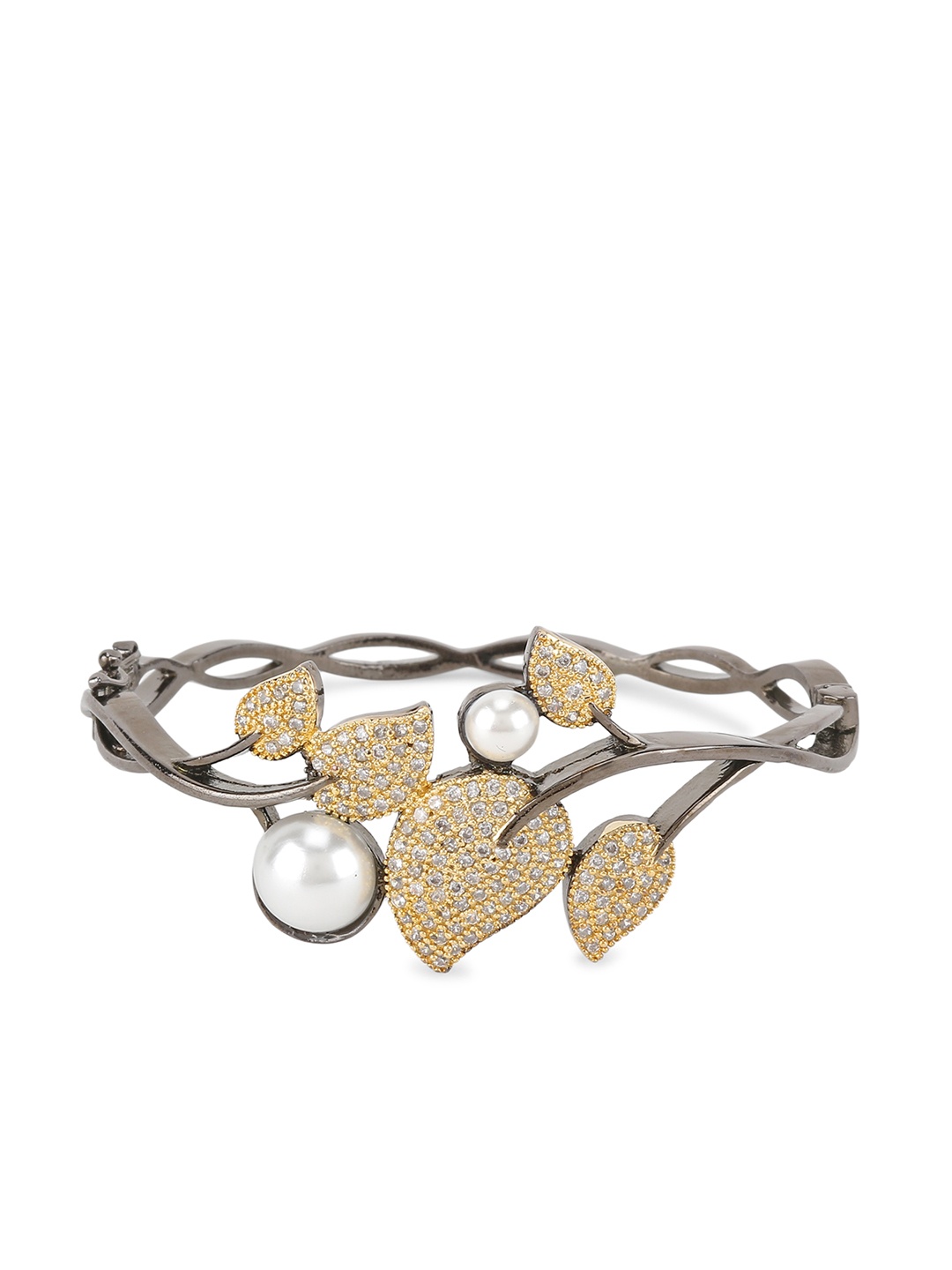 

ANIKAS CREATION Women Gunmetal-Toned Rhodium-Plated Pearl-Studded Cuff Bracelet, Metallic