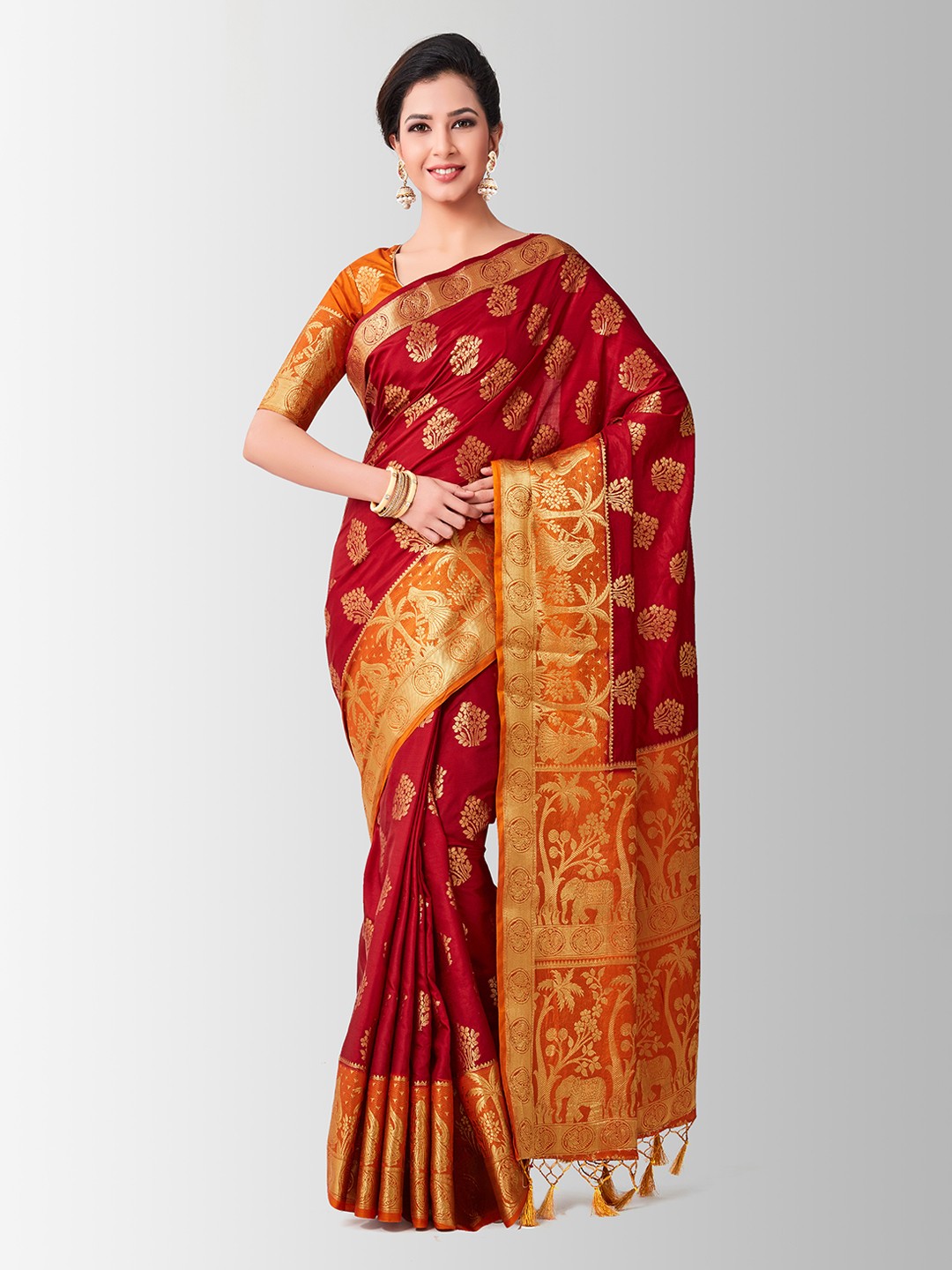 

MIMOSA Maroon & Orange Art Silk Woven Design Kanjeevaram Saree