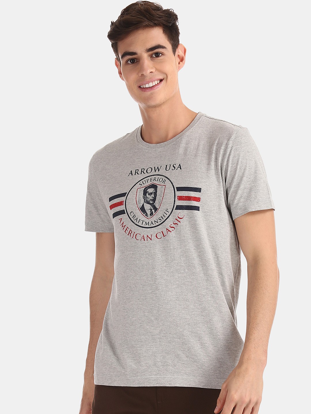 

Arrow Sport Men Grey Printed Round Neck T-shirt