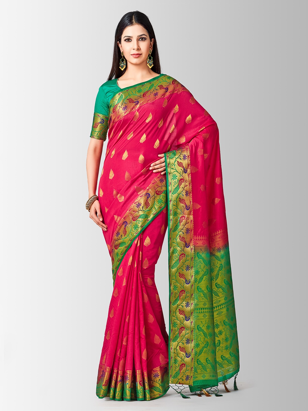 

MIMOSA Pink & Green Art Silk Woven Design Kanjeevaram Saree