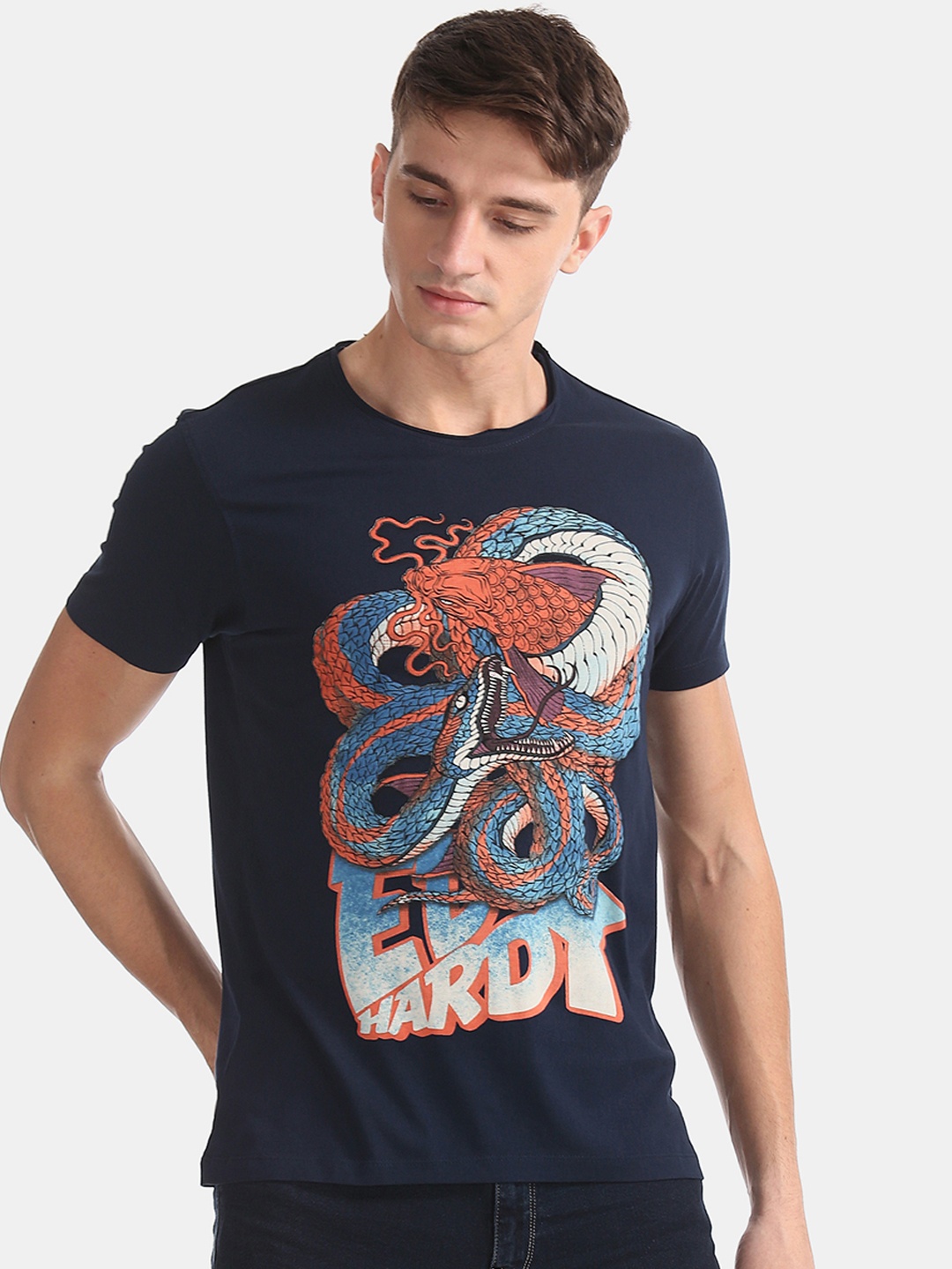 

Ed Hardy Men Navy Blue Printed Round Neck Pure Cotton T-shirt