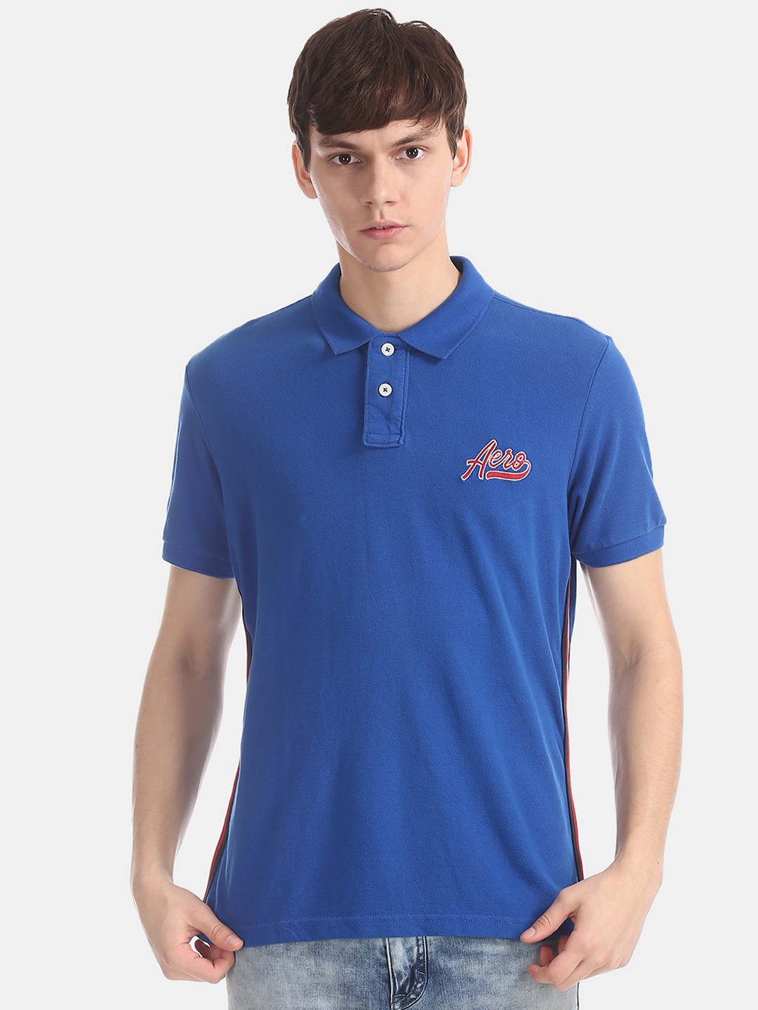 

Aeropostale Men Blue Solid Polo Collar Pure Cotton T-shirt