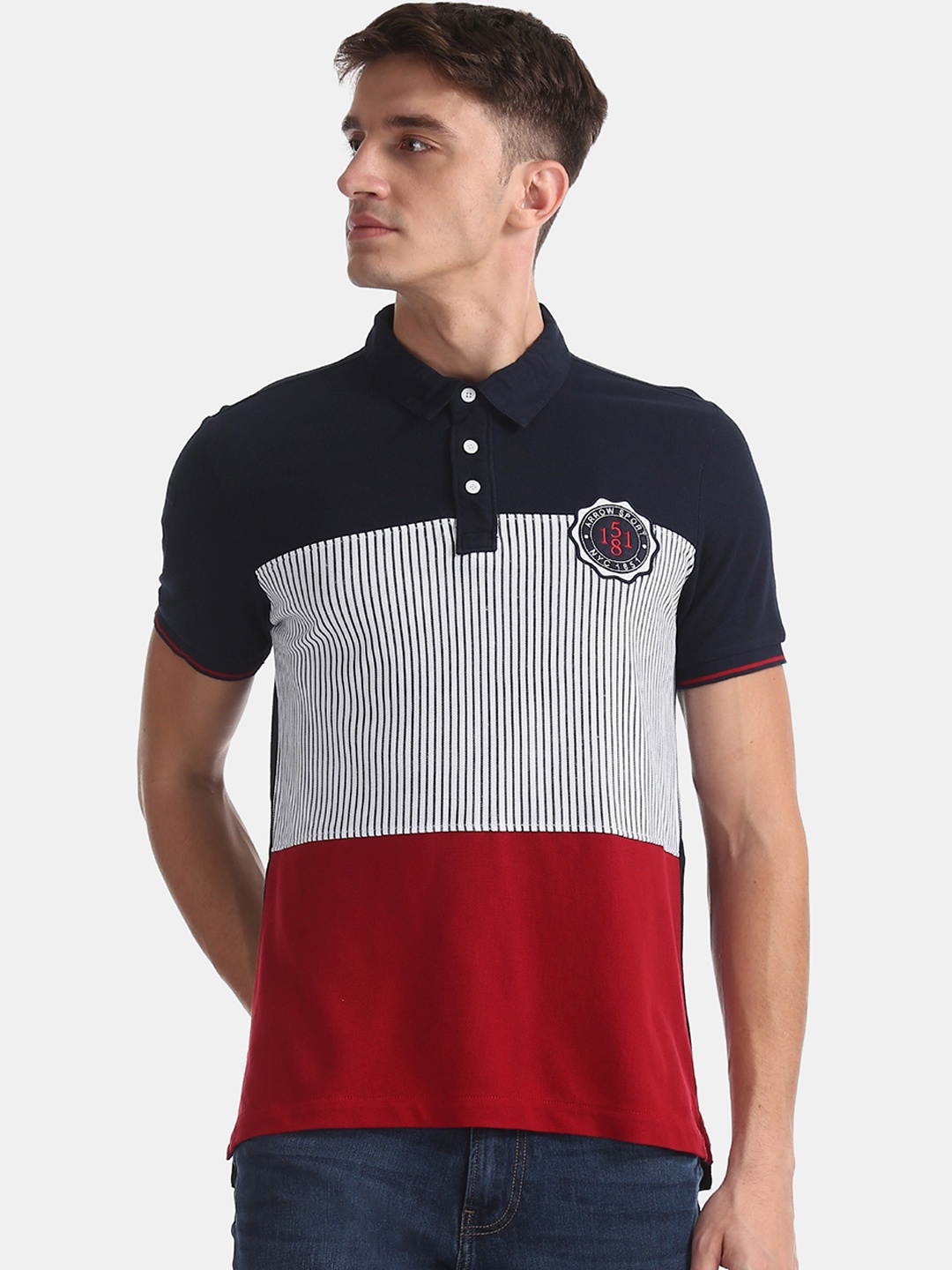 

Arrow Sport Men Blue Colourblocked Polo Collar Pure Cotton T-shirt