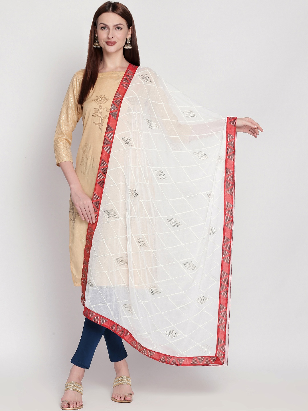 Dupatta Bazaar White & Red Embroidered Mukaish Work Dupatta