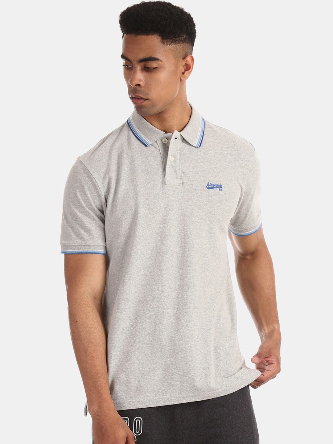 

Aeropostale Men Grey Solid Polo Collar Pure Cotton T-shirt