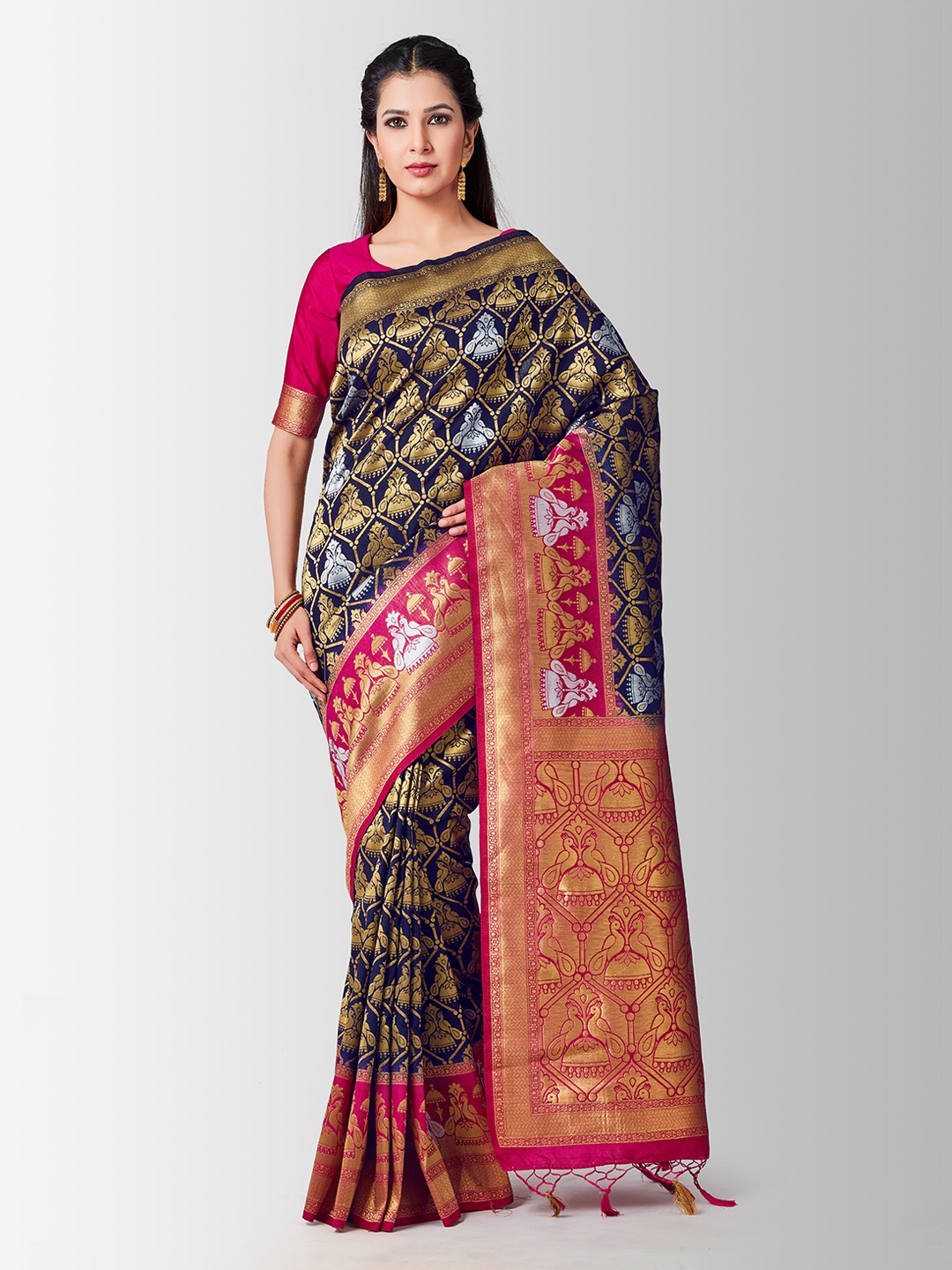 

MIMOSA Navy Blue & Pink Art Silk Woven Design Patola Saree