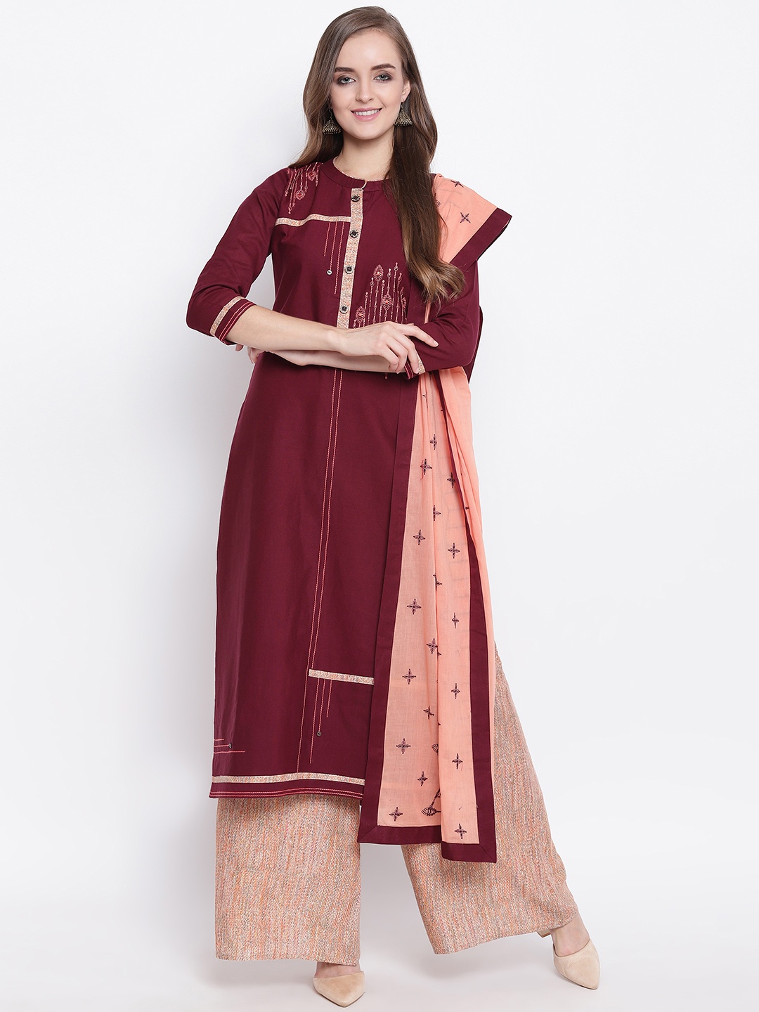 

Kvsfab Women Maroon & Peach-Coloured Embroidered Kurti with Palazzos & Dupatta