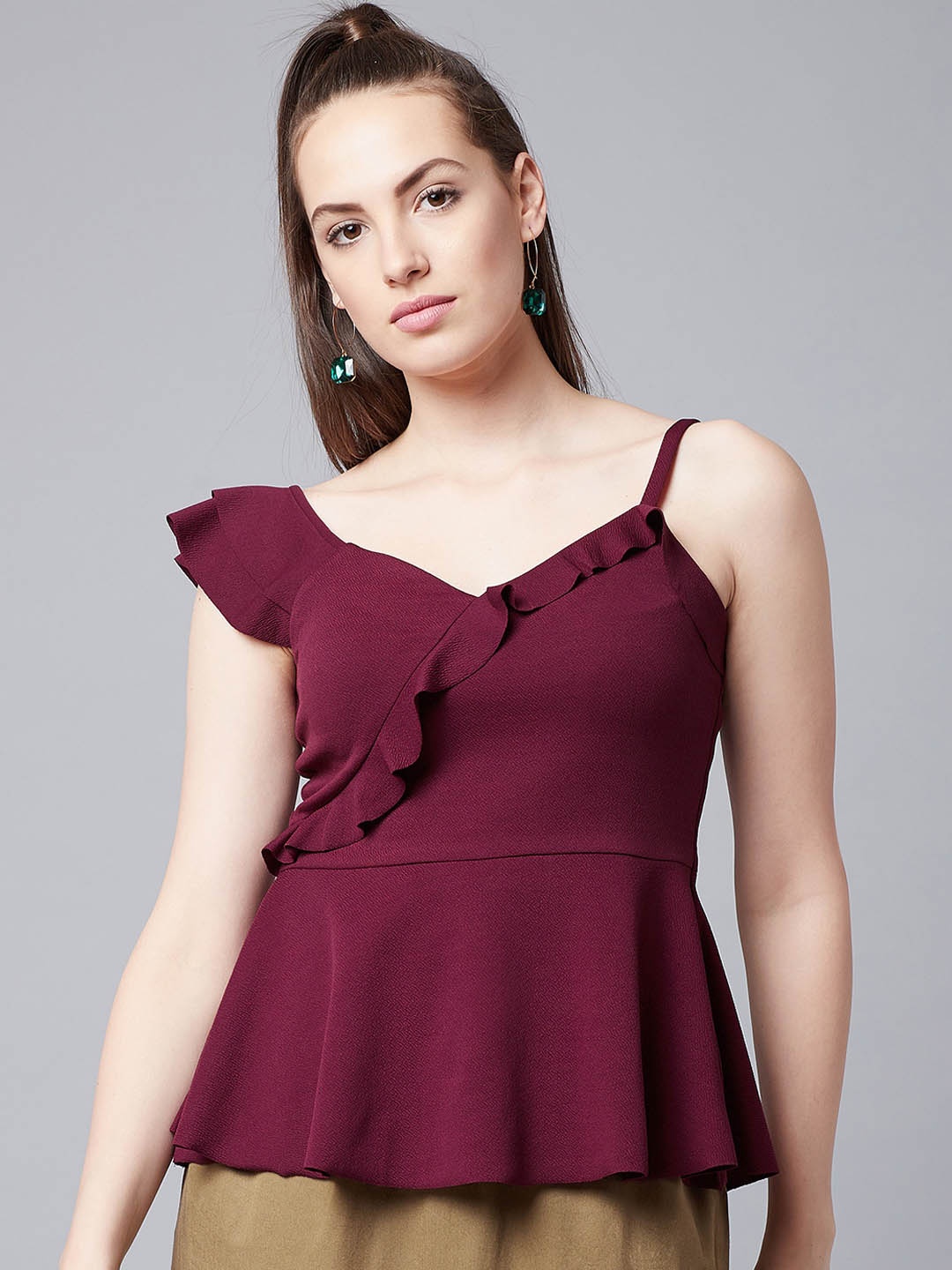 

Athena Women Burgundy Solid Peplum Top with Ruffle Details