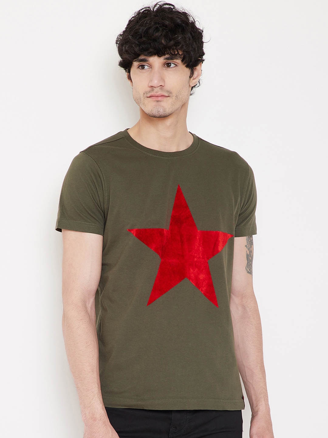 

PUNK Men Olive Green Printed Round Neck T-shirt