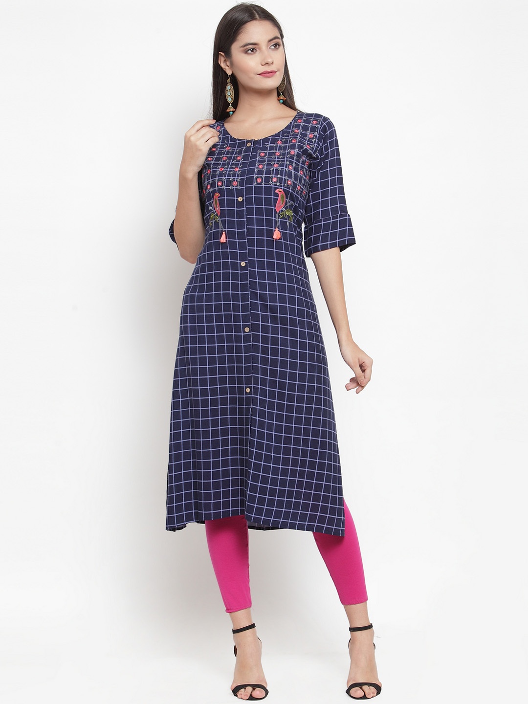 

Aujjessa Women Navy Blue & Pink Checked Straight Kurta
