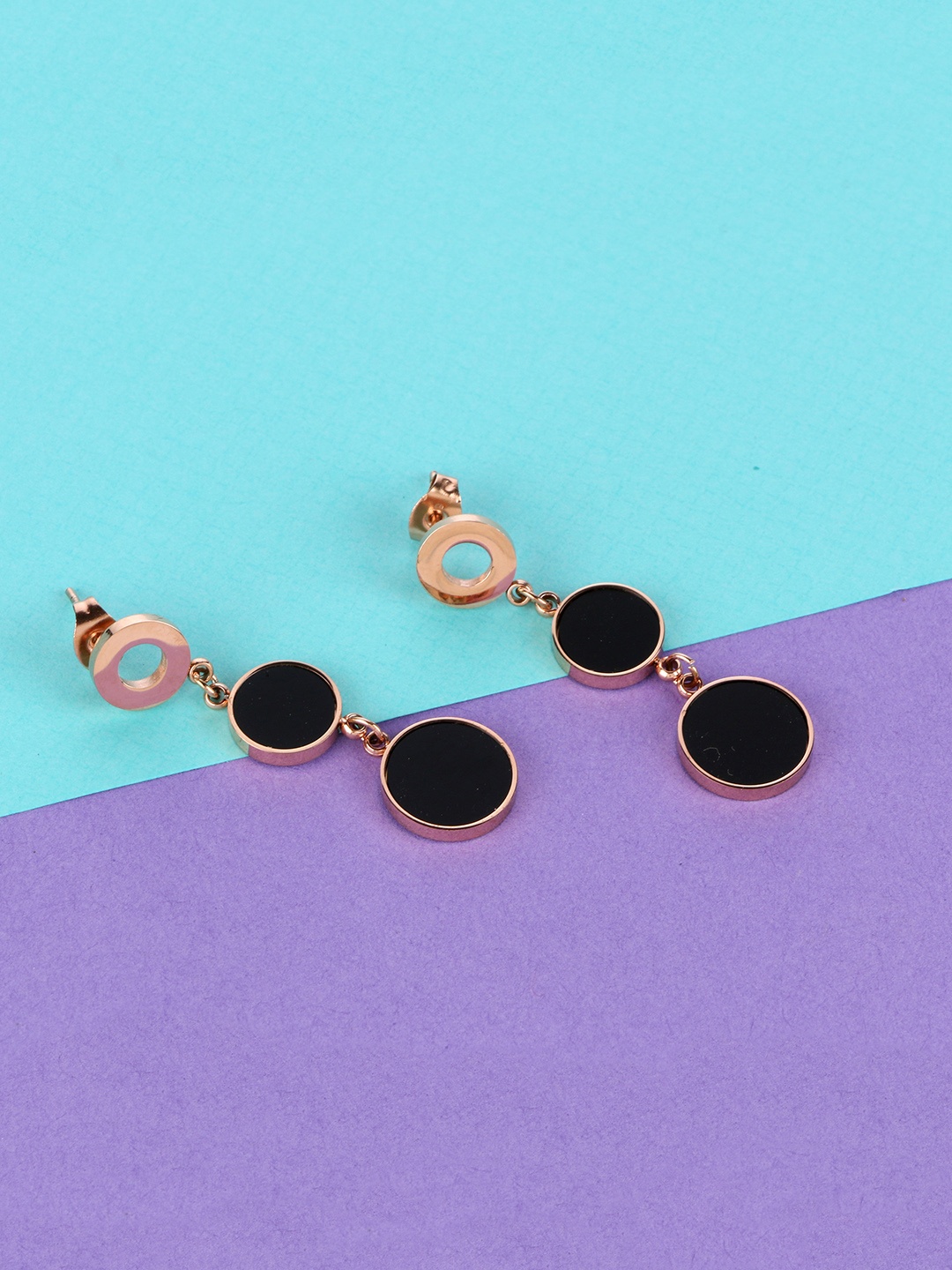 

E2O Gold-Plated & Black Embellished Circular Drop Earrings