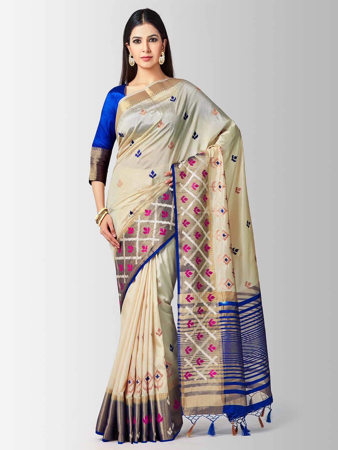 

MIMOSA Beige & Blue Art Silk Woven Design Kanjeevaram Saree