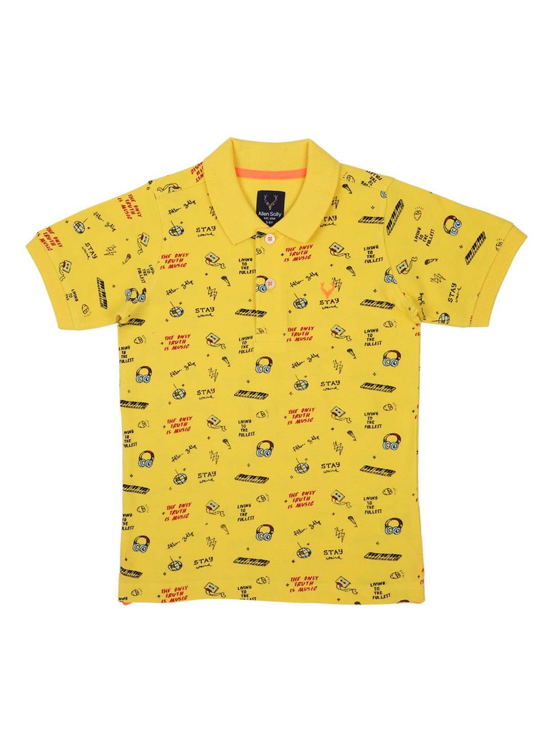 

Allen Solly Junior Boys Yellow Printed Polo Collar Pure Cotton T-shirt