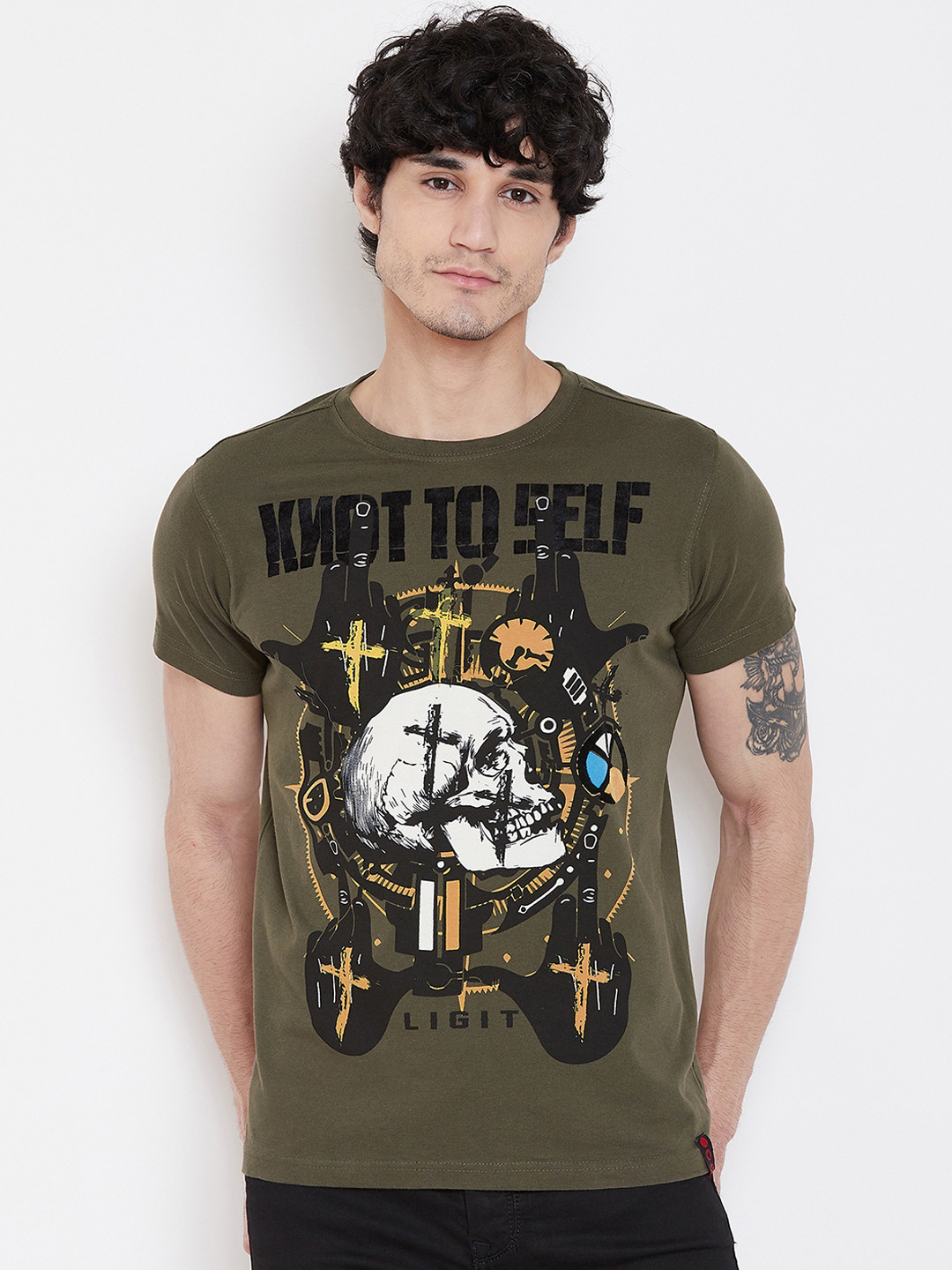 

PUNK Men Olive Green Printed Round Neck T-shirt