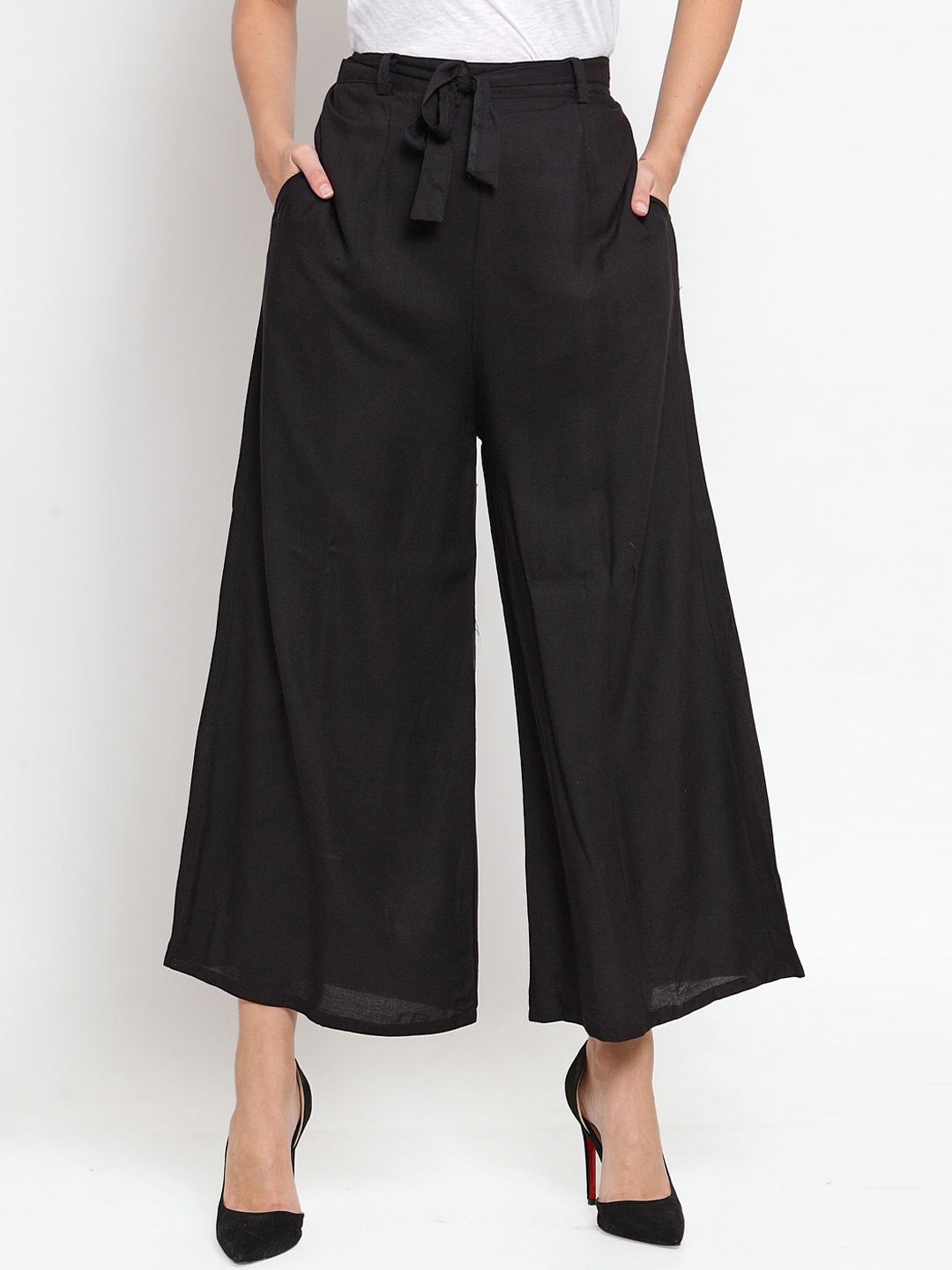 Clora Creation Women Black Solid Cropped Wide Leg Palazzos