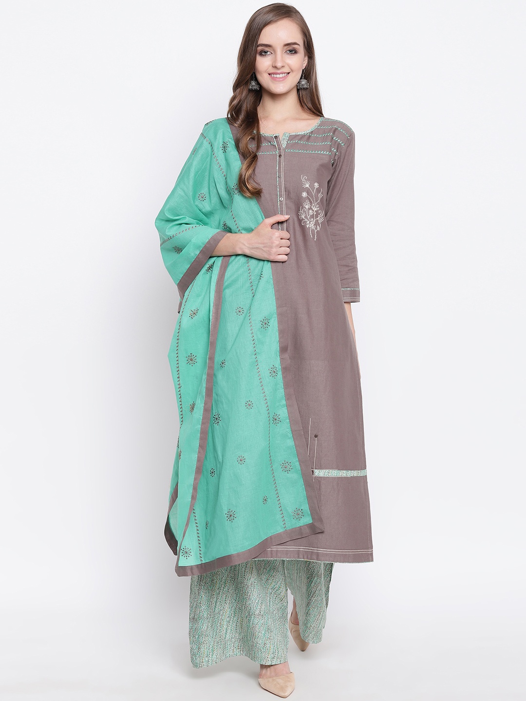 

Kvsfab Women Grey & Sea Green Embroidered Kurta with Palazzos & Dupatta