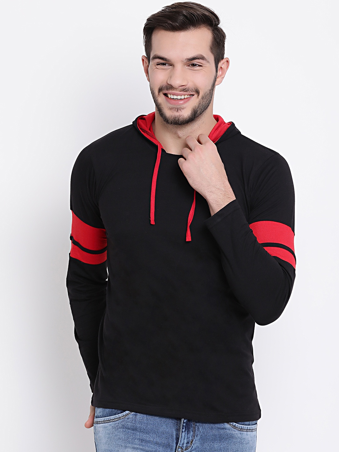 

VIMAL JONNEY Men Black Striped Hooded T-shirt