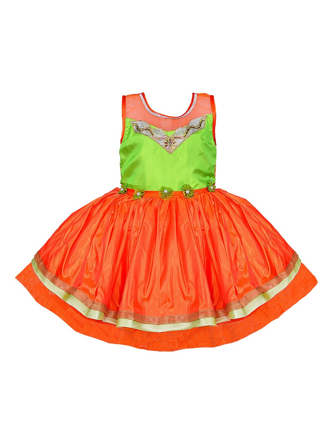 

Wish Karo Girls Orange & Green Colourblocked Fit and Flare Dress