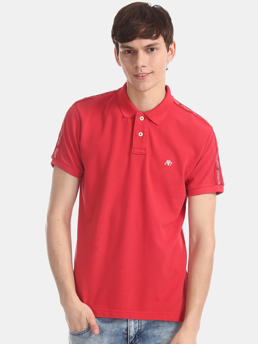 

Aeropostale Men Red Solid Polo Collar Pure Cotton T-shirt