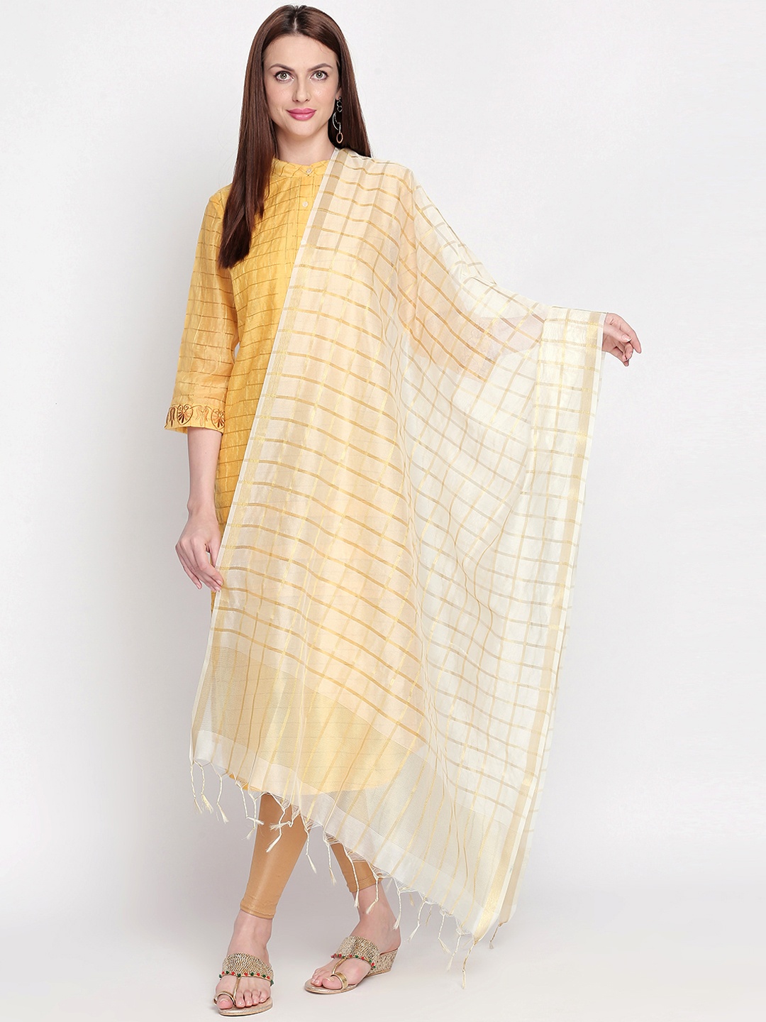 

Dupatta Bazaar Women White & Gold-Toned Checked Dupatta