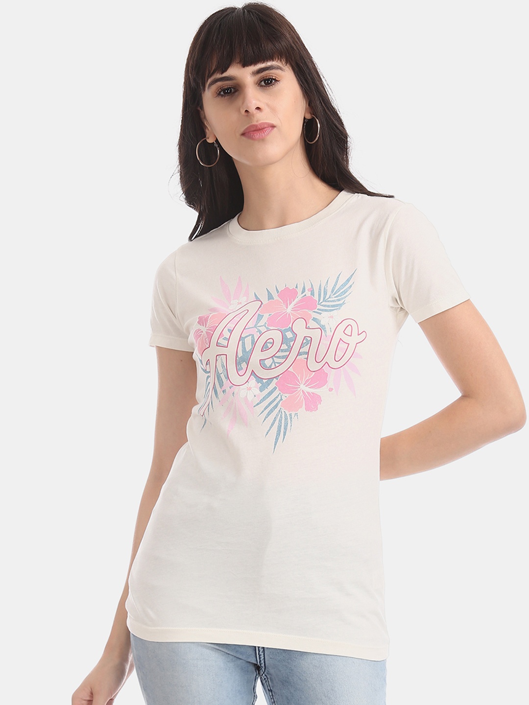

Aeropostale Women White Printed Round Neck Pure Cotton T-shirt