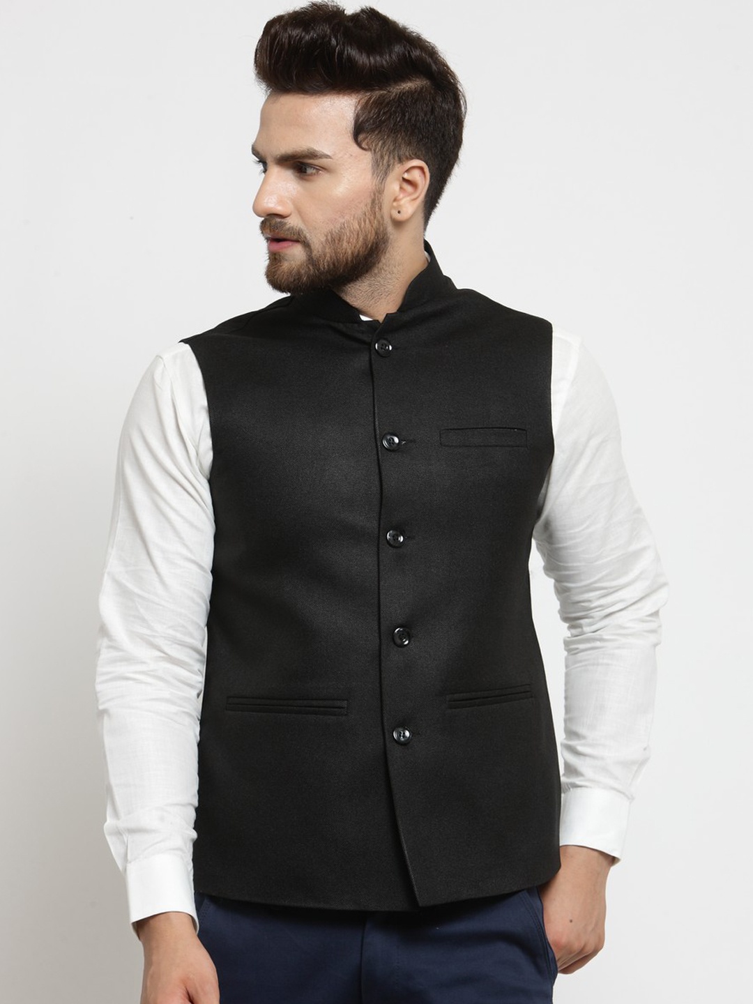 

TREEMODA Men Black Solid Woven Nehru Jacket