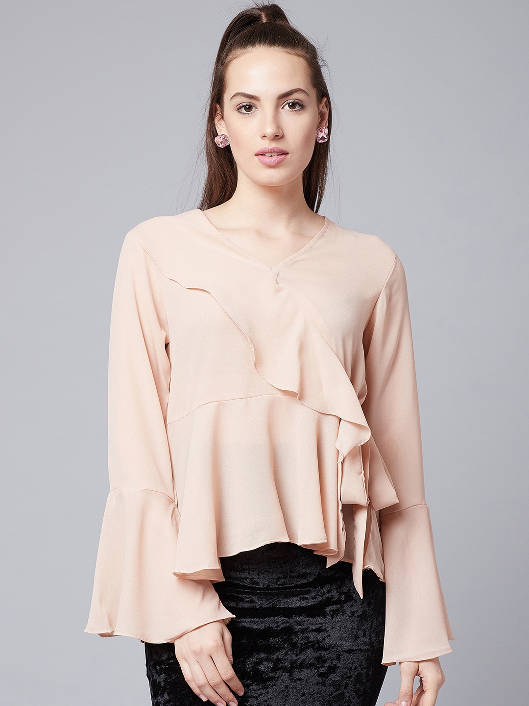 

Athena Women Beige Solid Wrap Top with Ruffle Details