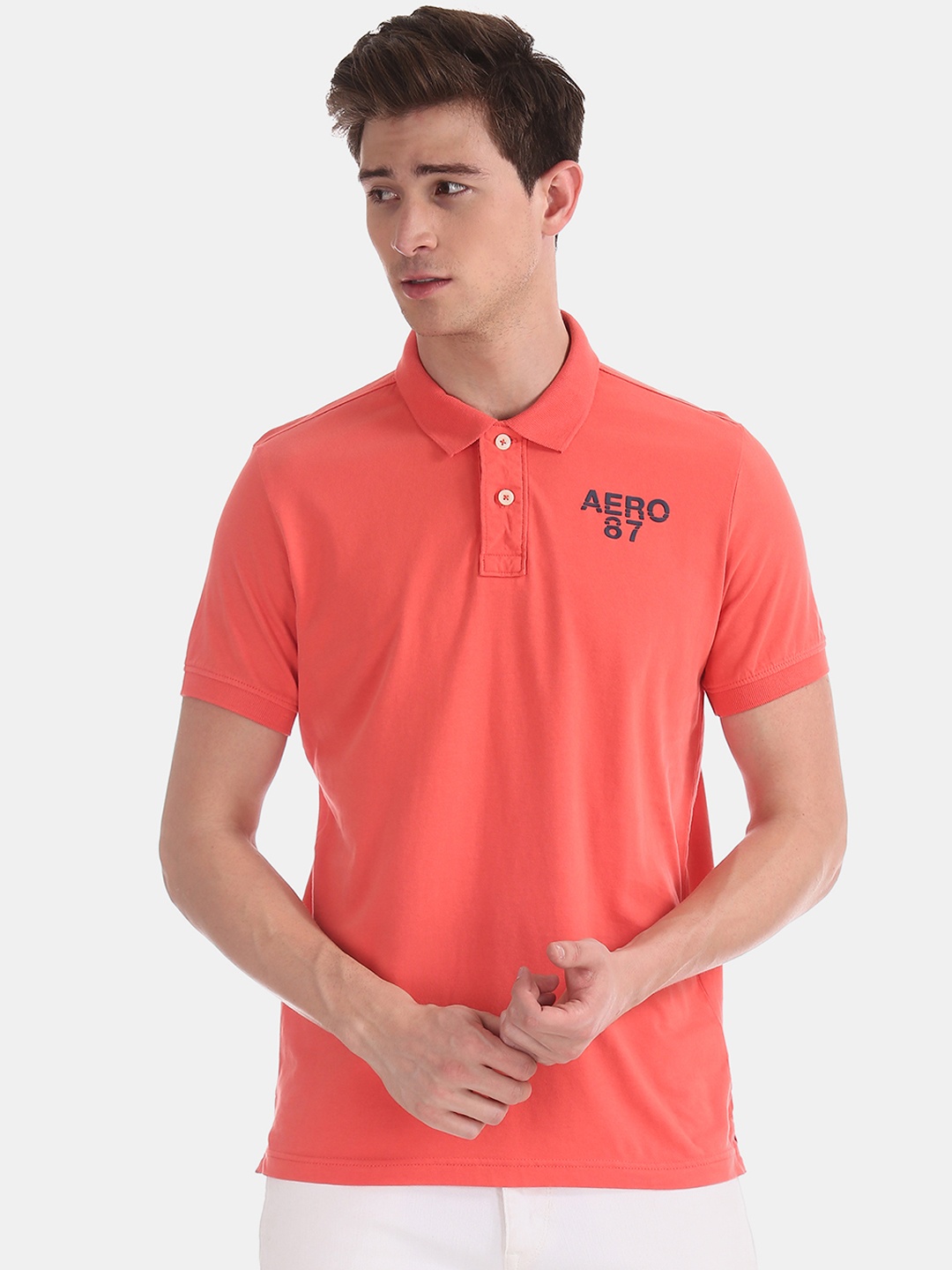 

Aeropostale Men Red Solid Polo Collar Pure Cotton T-shirt