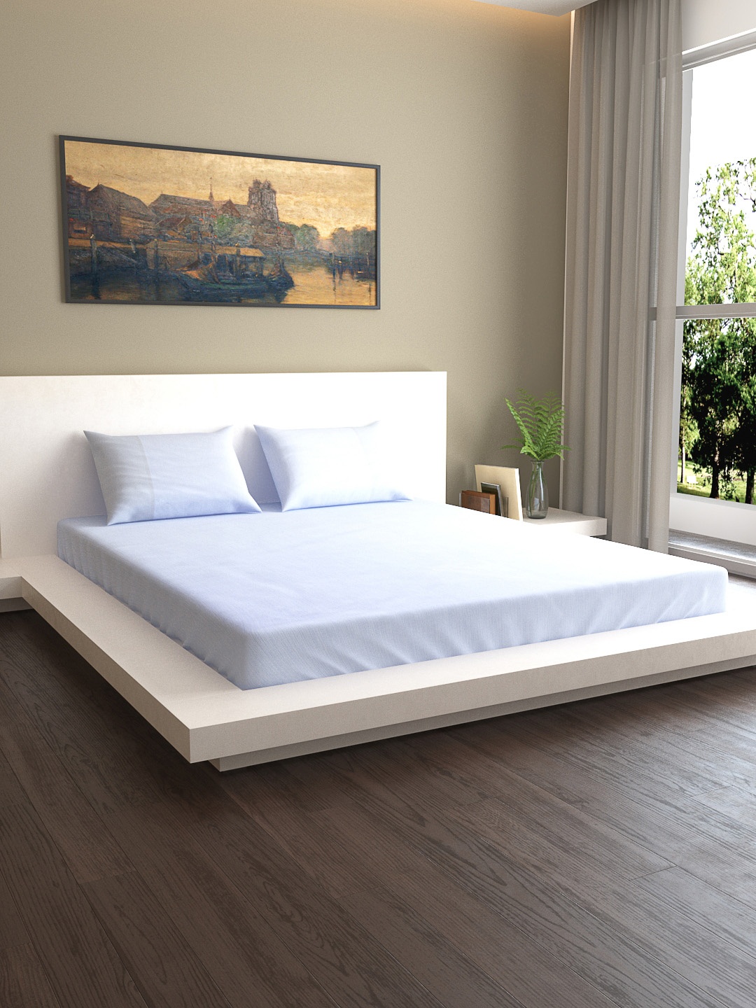 

MARK HOME Blue Solid 300 TC Cotton 1 King Bedsheet with 2 Pillow Covers