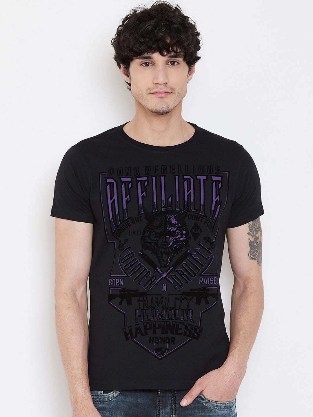 

PUNK Men Black Printed Round Neck T-shirt