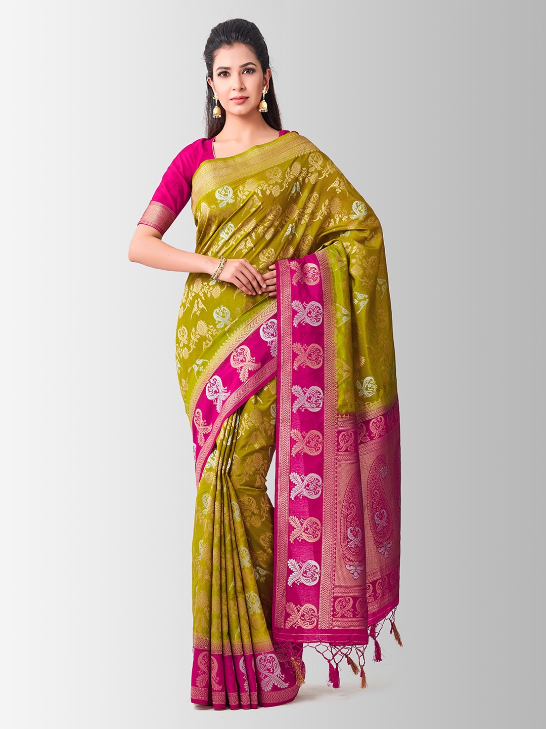 

MIMOSA Olive Green & Pink Art Silk Woven Design Kanjeevaram Saree
