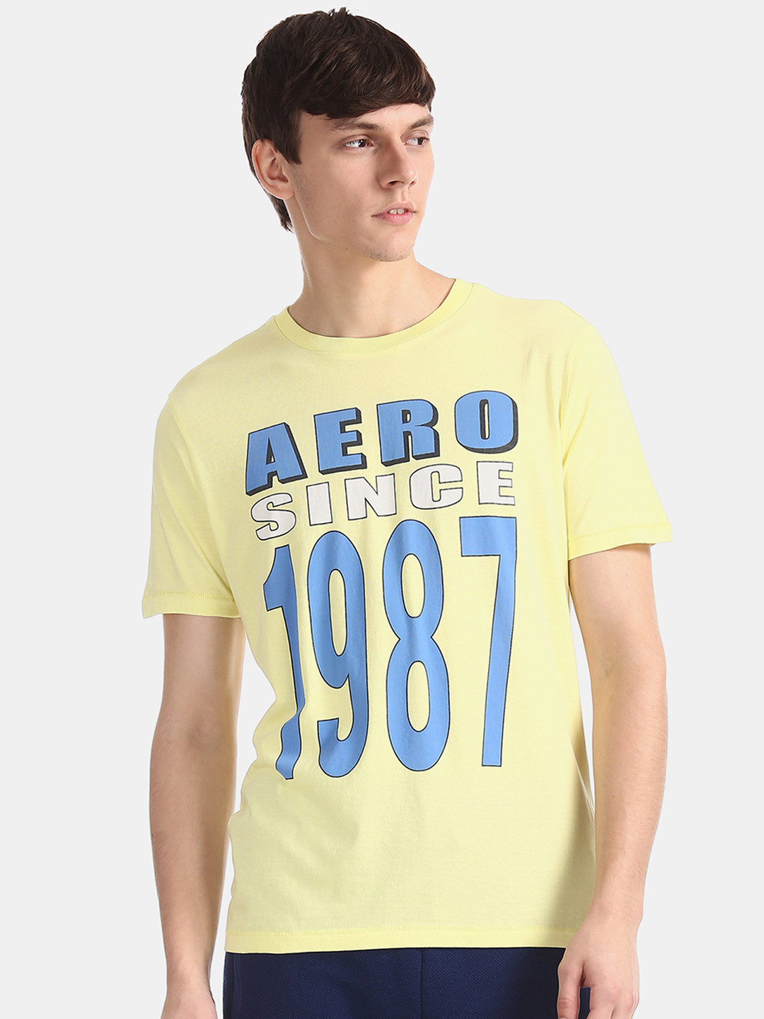

Aeropostale Men Yellow Printed Round Neck Pure Cotton T-shirt
