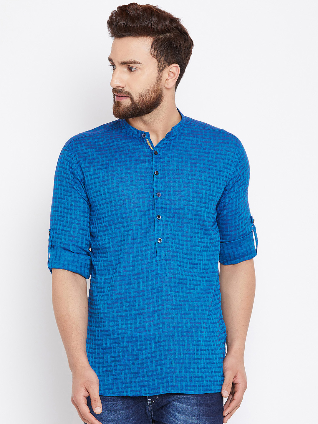 

even Men Blue Woven Design Straight Kurta