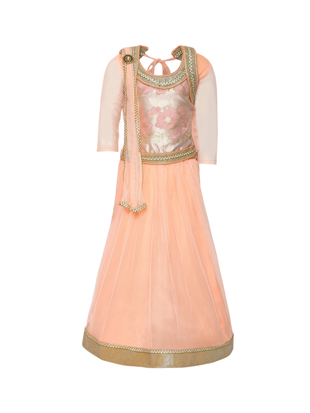 

Aarika Girls Peach-Coloured & Golden Ready to Wear Lehenga & Blouse with Dupatta