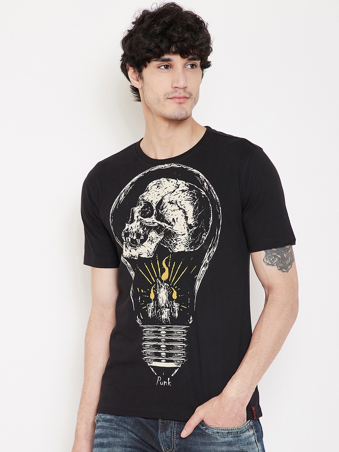 

PUNK Men Black Printed Round Neck T-shirt
