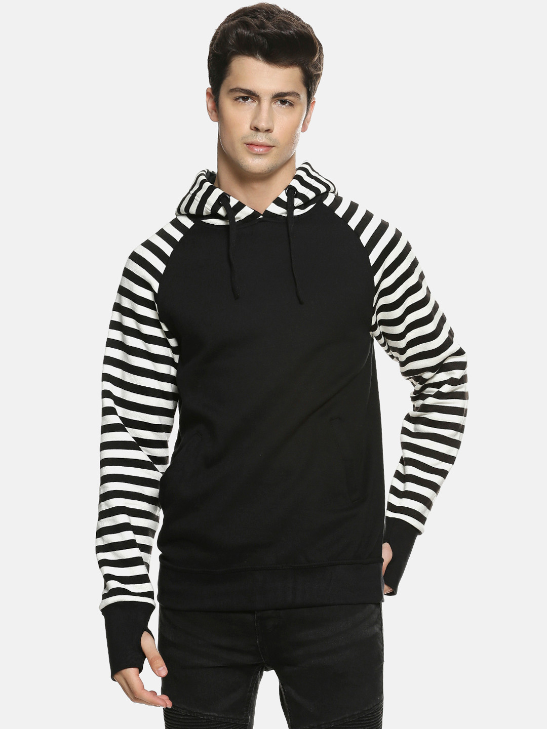 

Campus Sutra Men Black & White Striped Hooded Sweatshirt