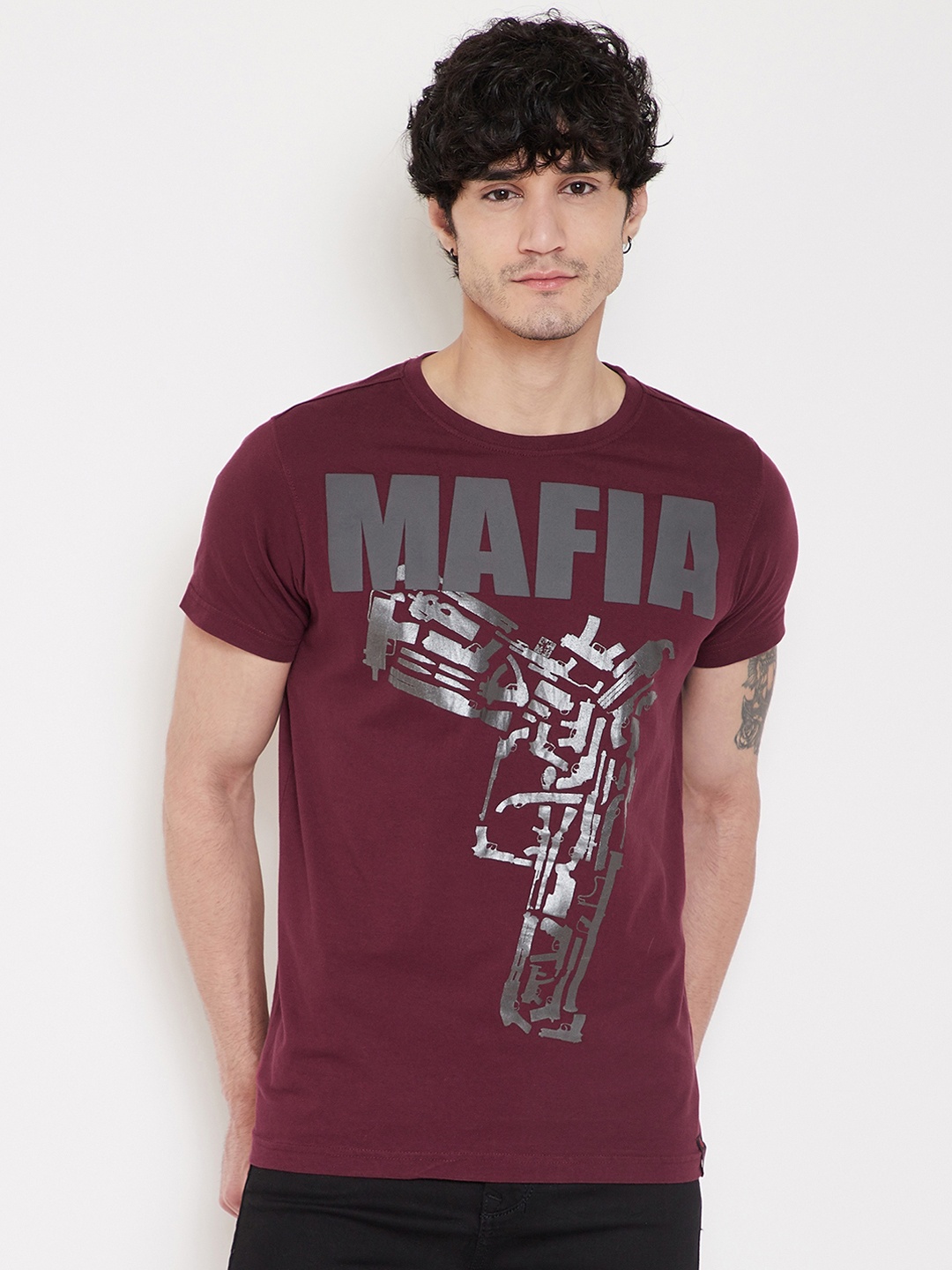 

PUNK Men Maroon Printed Round Neck T-shirt