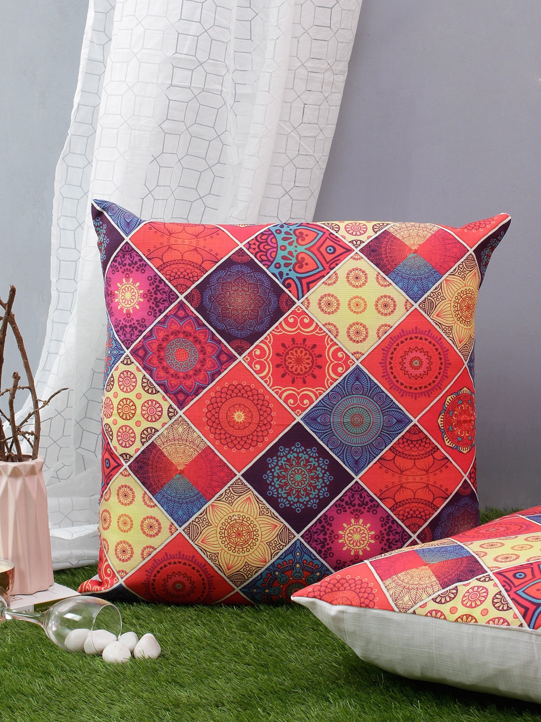 

Soumya Multicoloured Set of 2 Ethnic Motifs Square Cushion Covers, Multi