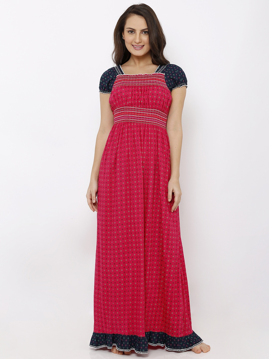 

Pretty Awesome Pink & Navy Blue Printed Nightdress PTAS364