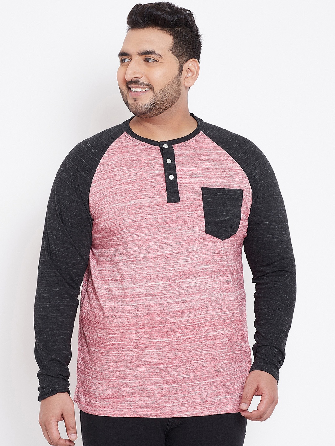 

bigbanana Plus Size Men Pink Black Solid Henley Neck Pure Cotton T-shirt