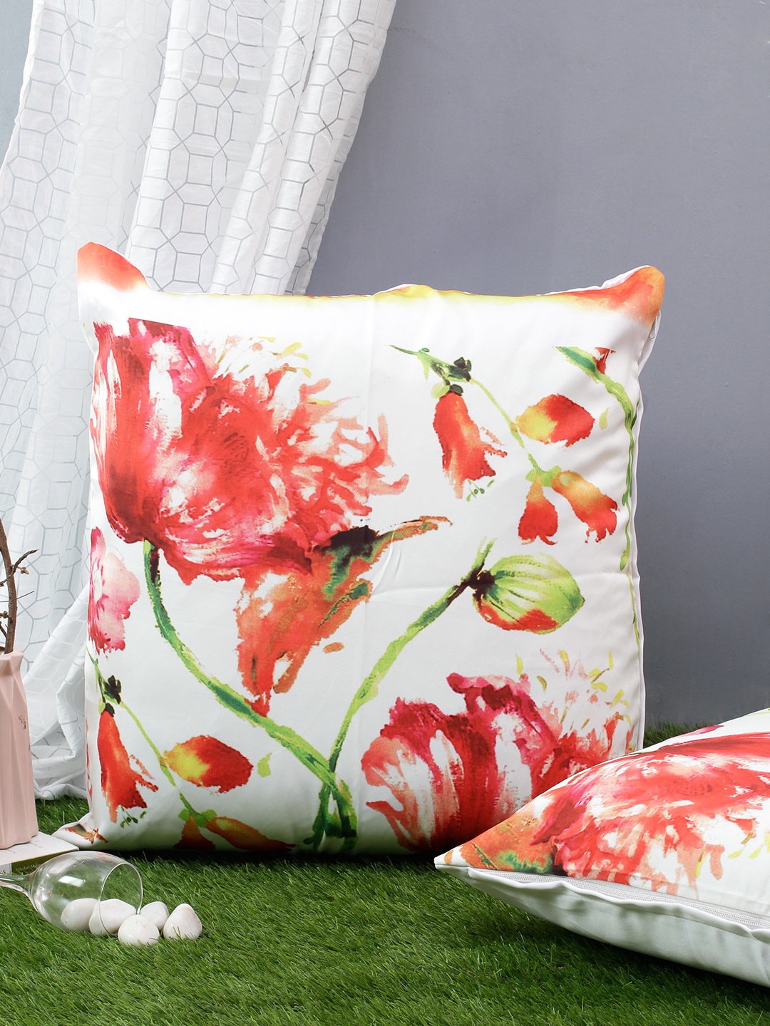 Soumya Set of 2 White & Coral Orange Floral Satin Square Cushion Covers