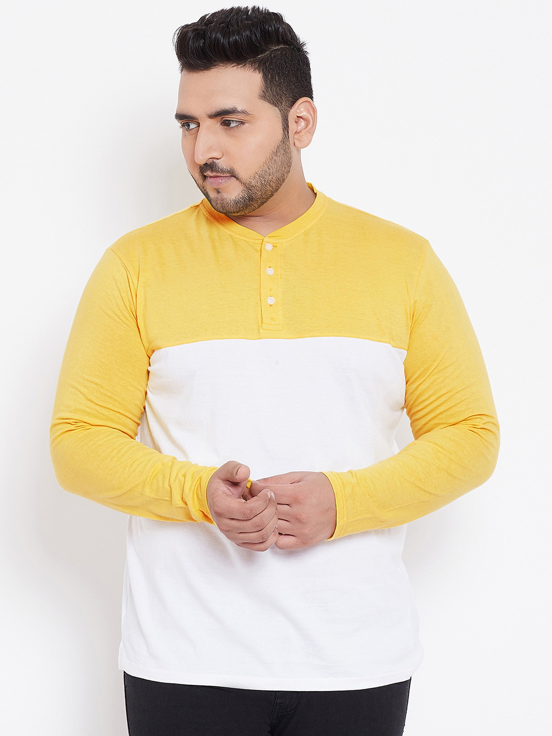 

bigbanana Plus Size Men Yellow White Colourblocked Henley Neck Bio Finish Pure Cotton T-shirt