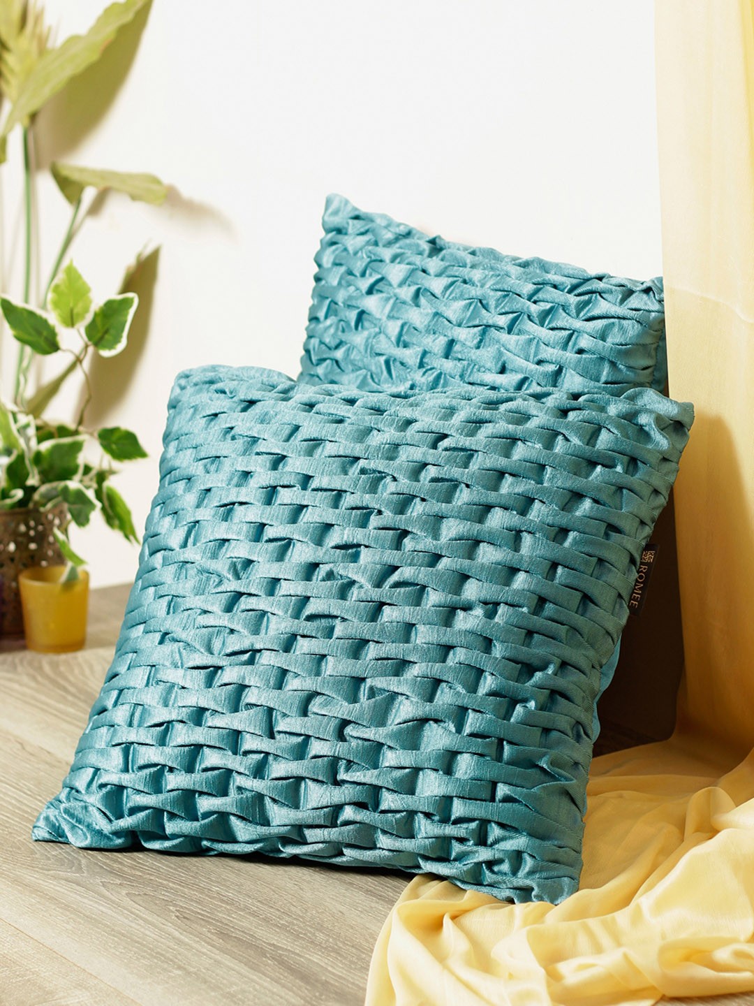 

ROMEE Set of 2 Turquoise Blue Self Design Square Cushion Covers