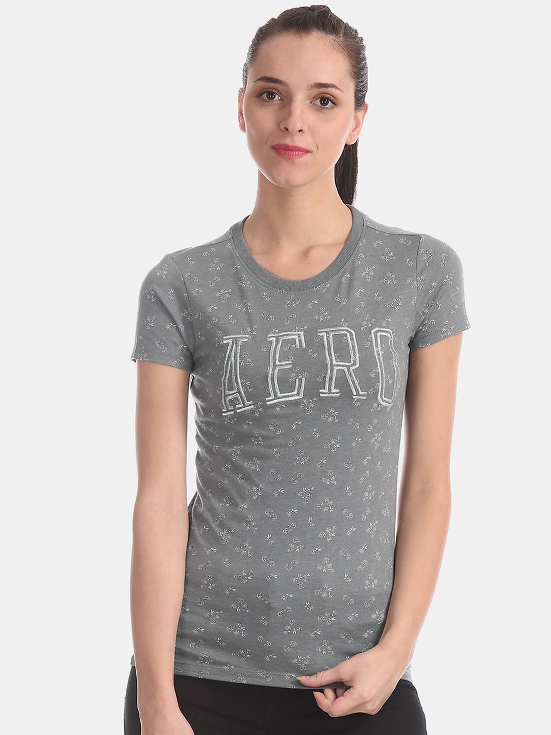 

Aeropostale Women Grey Printed Round Neck T-shirt