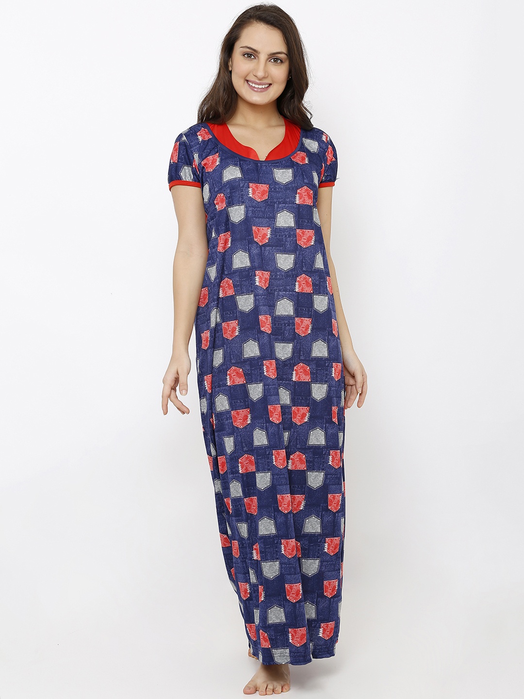 

Pretty Awesome Navy Blue & Red Printed Nightdress PTAS373