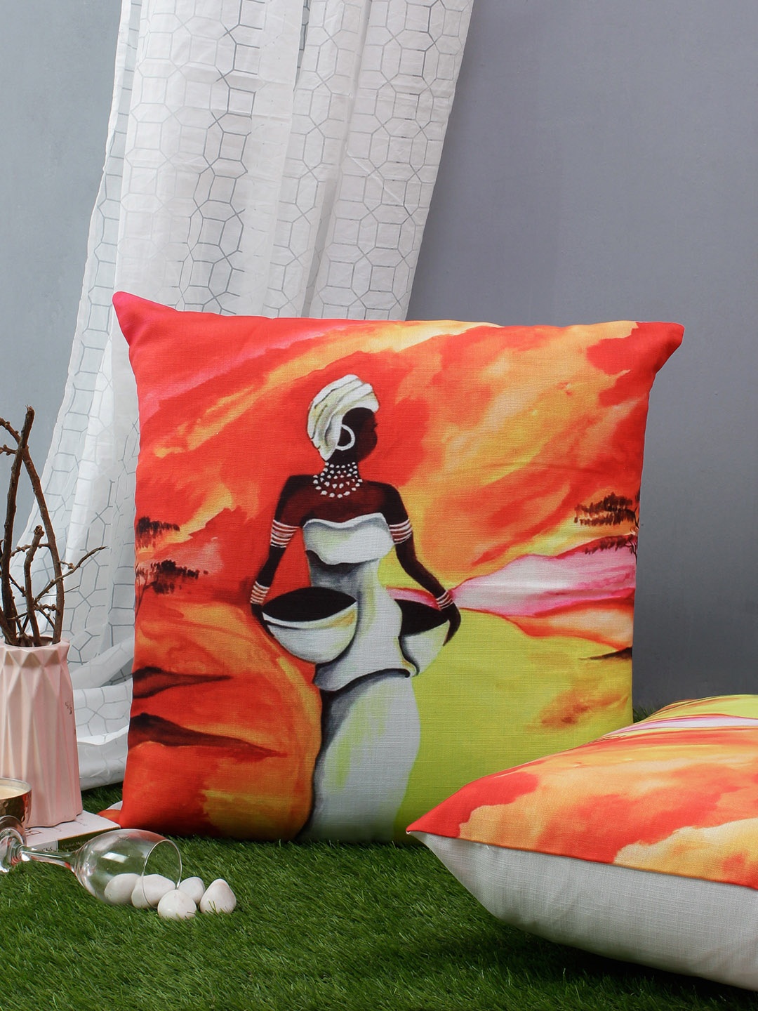 Soumya Set of 2 Orange & Green Graphic Square Cushion Covers