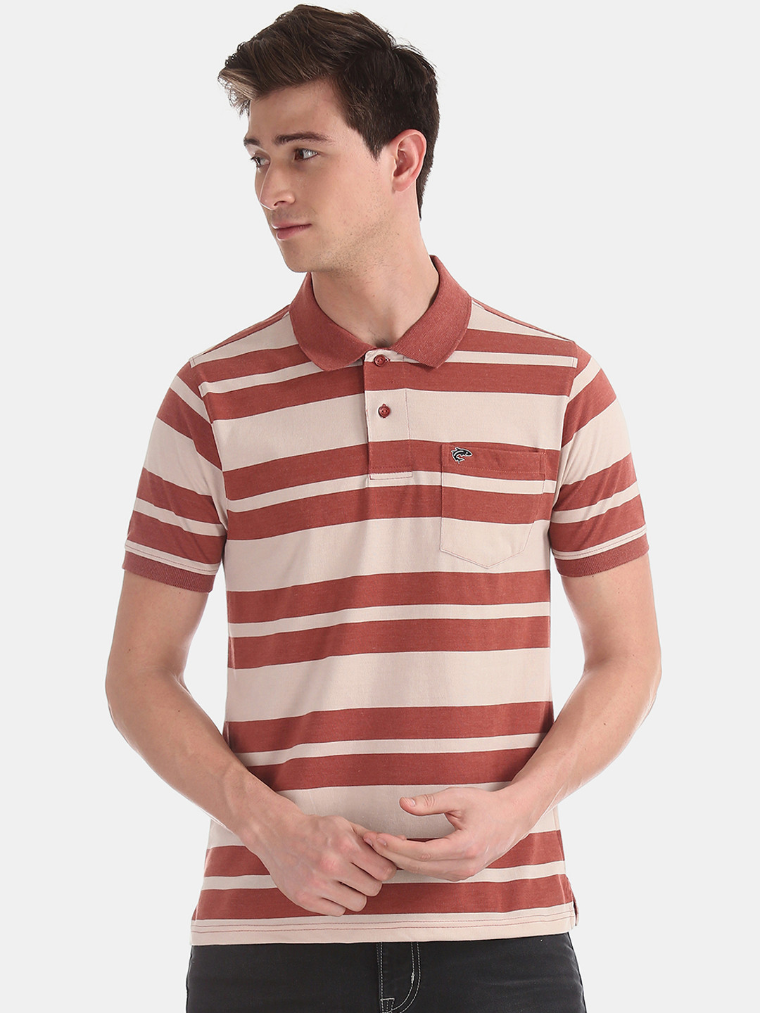 

Ruggers Men Red & Beige Striped Polo Collar T-shirt