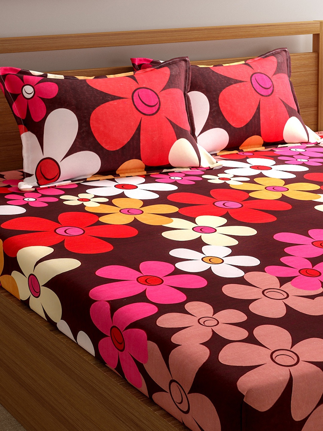

ROMEE Brown Floral 144 TC Cotton 1 Queen Bedsheet with 2 Pillow Covers
